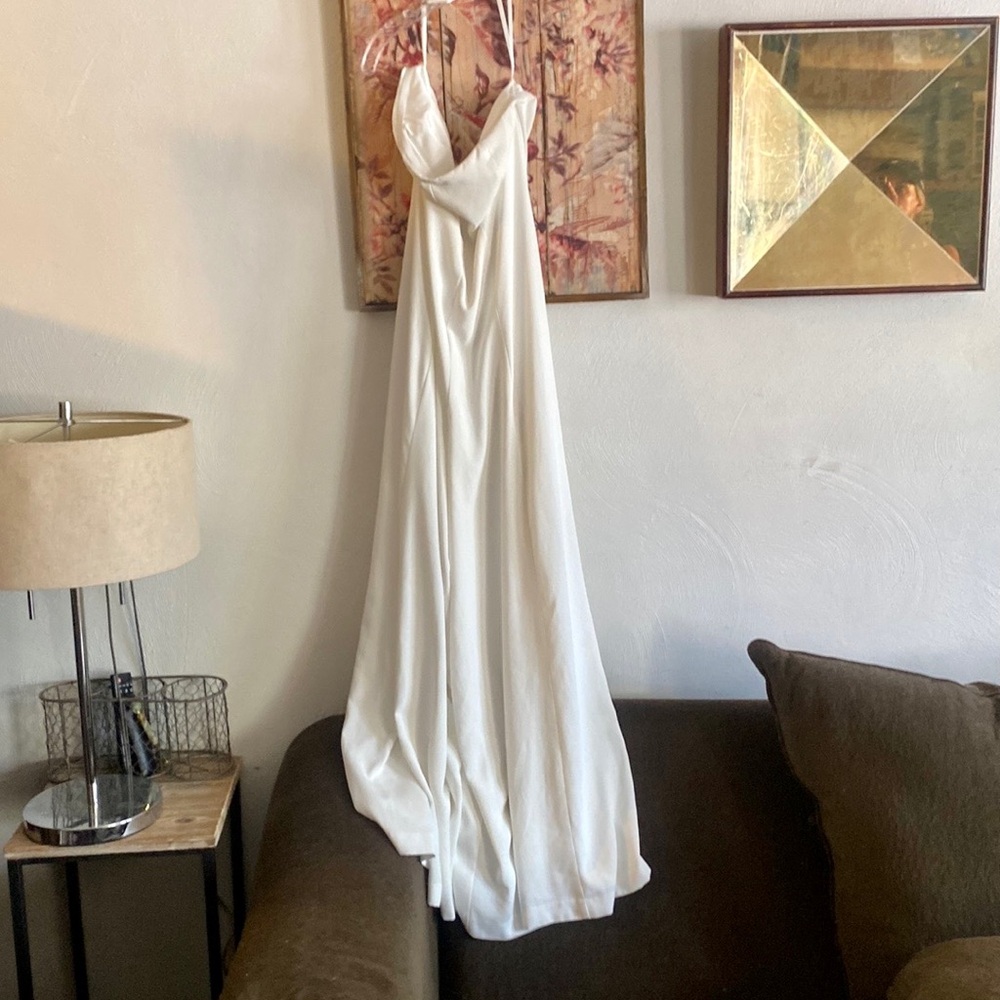 ROSETTA GETTY STRAPLESS JUMPSUIT WHITE CREPE FLOWY WIDE LEG JUMPSUIT BACK ZIP 6 - Picture 12 of 13
